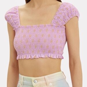 NICHOLAS Polka Dot Smocked Crop Top Size 4 Purple Pink Beige